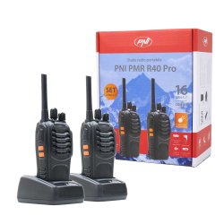 PNI PMR R40 Pro portable radio station, set with 2 pcs, 0.5W, ASQ, TOT, monitor, programmable, 1200mAh batteries, chargers and headphones included