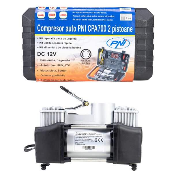 Compressor CPA700 double piston and tire repair kit, 12V, 25A