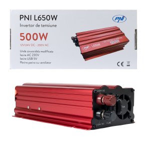 Voltage inverter PNI L650W dual power supply 12V/24V, output 230V, 500W, modified sine, USB plug 5V 500mAh, with power clamps and cigarette lighter plug included