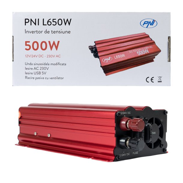 Voltage inverter PNI L650W dual power supply 12V/24V, output 230V, 500W, modified sine, USB plug 5V 500mAh, with power clamps and cigarette lighter plug included