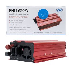 Voltage inverter PNI L650W dual power supply 12V/24V, output 230V, 500W, modified sine, USB plug 5V 500mAh, with power clamps and cigarette lighter plug included