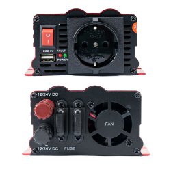 Voltage inverter PNI L650W dual power supply 12V/24V, output 230V, 500W, modified sine, USB plug 5V 500mAh, with power clamps and cigarette lighter plug included