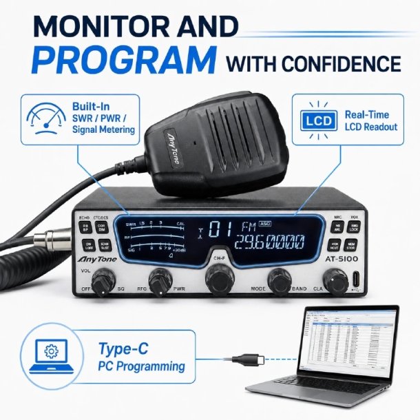 AnyTone AT-5100 BT 10m Mobile Transceiver 35W, SSB, AM, FM, CW