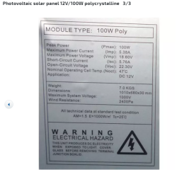 Photovoltaic solar panel 12V/100W polycrystalline